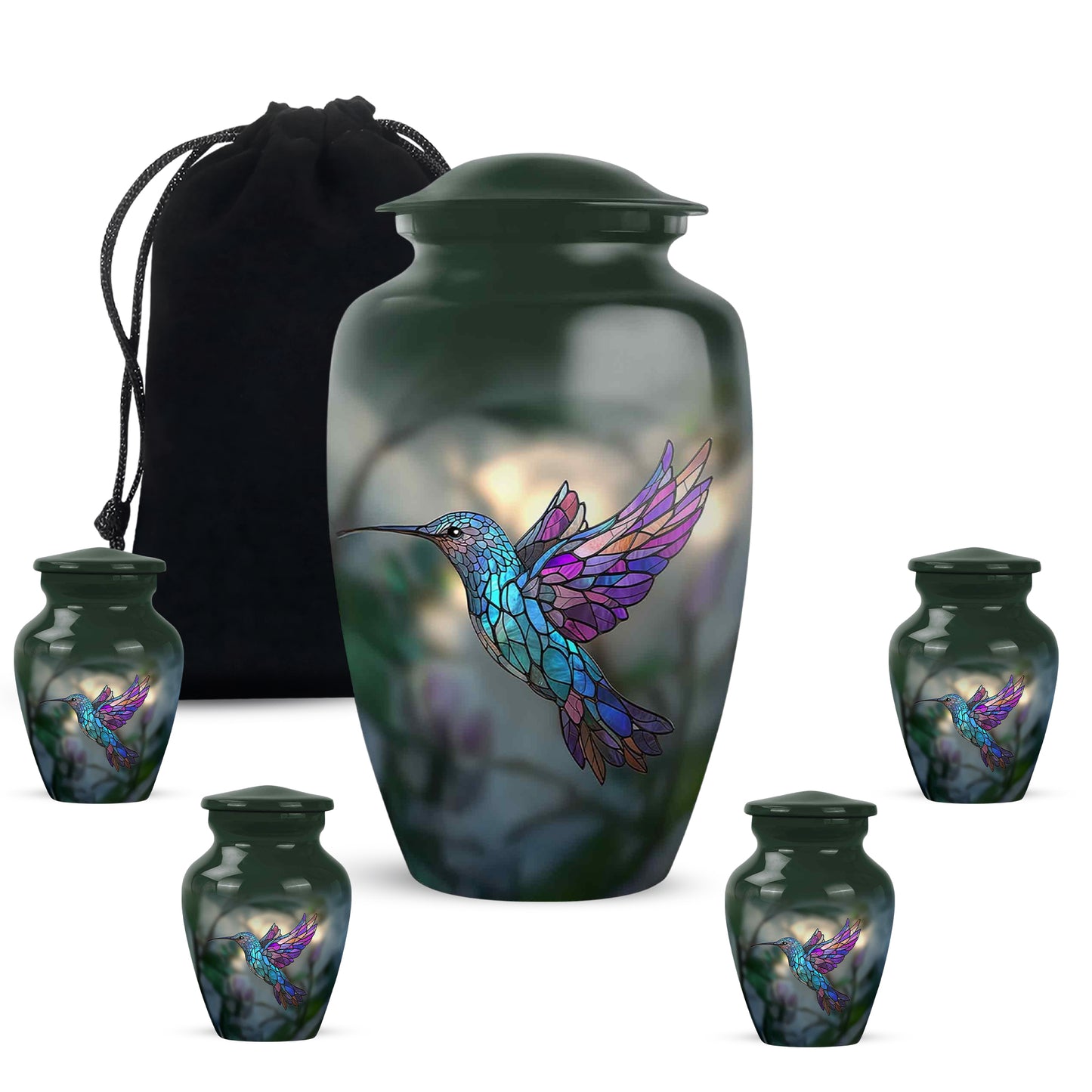 Hunter Green Hummingbird Cremation Urn top-down view of secure threaded lid - traditional hummingbird engraving with hand-polished finish - memorial set with one large and four small urns