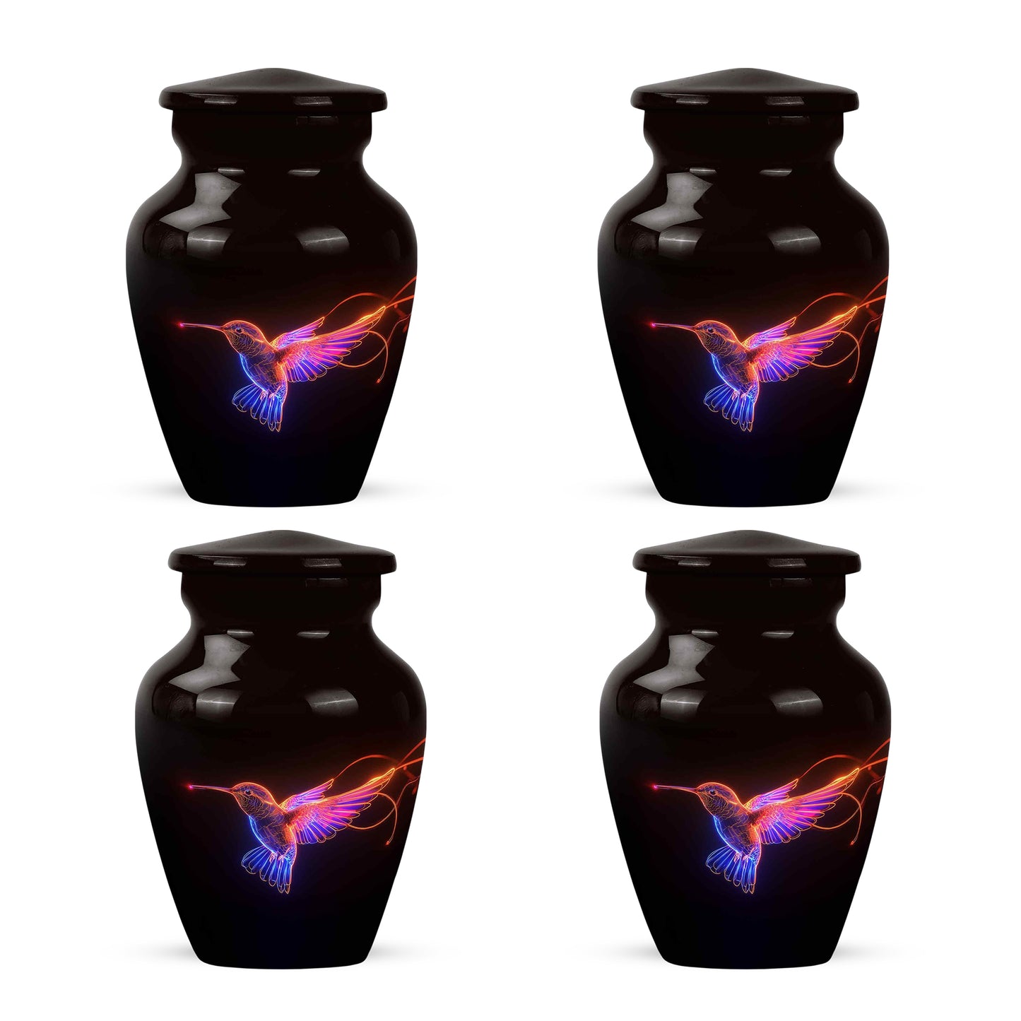 Jet Black Hummingbird Cremation Urn side profile showing urn shape - timeless hummingbird motif etched into premium metal - 10 inch aluminum urn for cremated remains