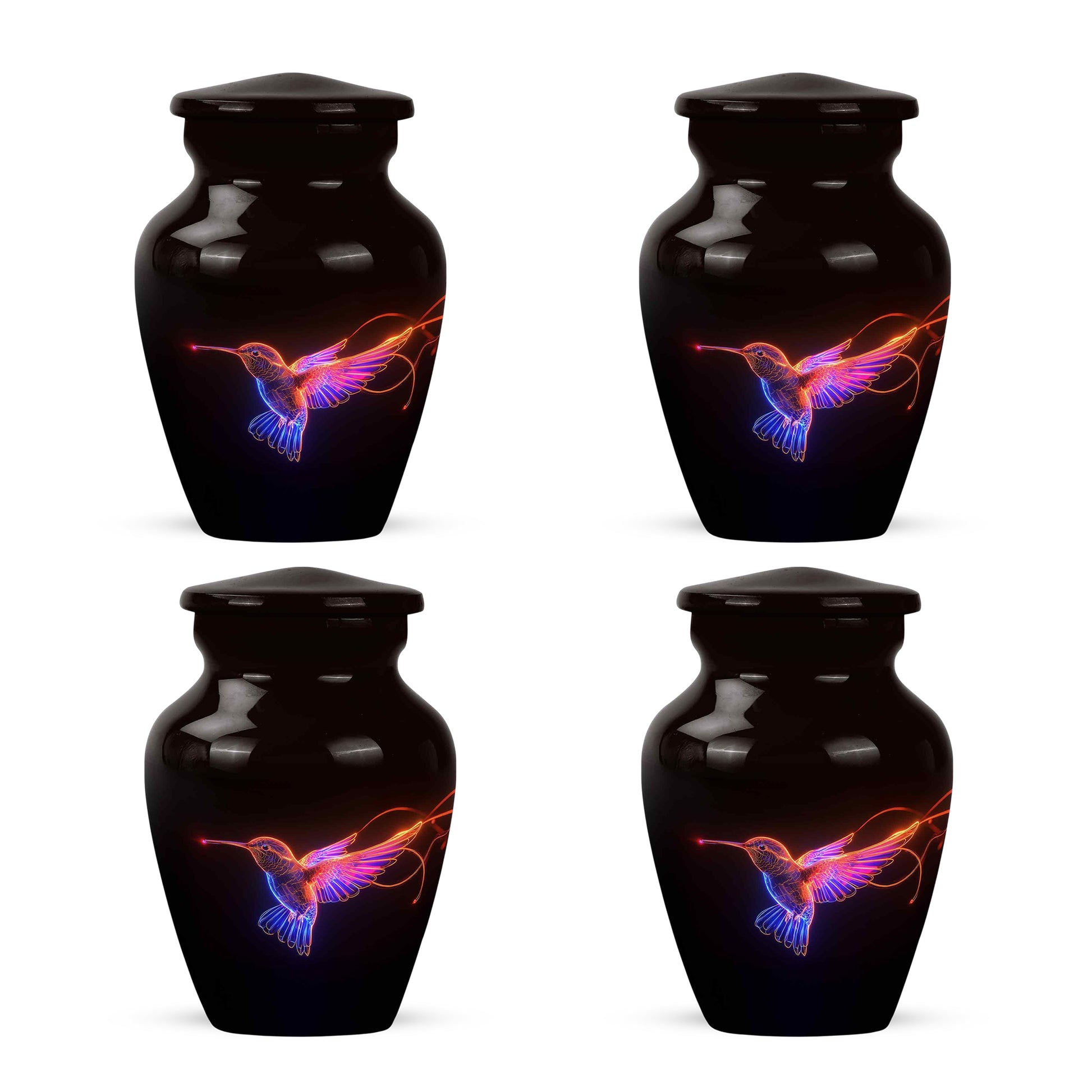 Jet Black Hummingbird Cremation Urn side profile showing urn shape - timeless hummingbird motif etched into premium metal - 10 inch aluminum urn for cremated remains