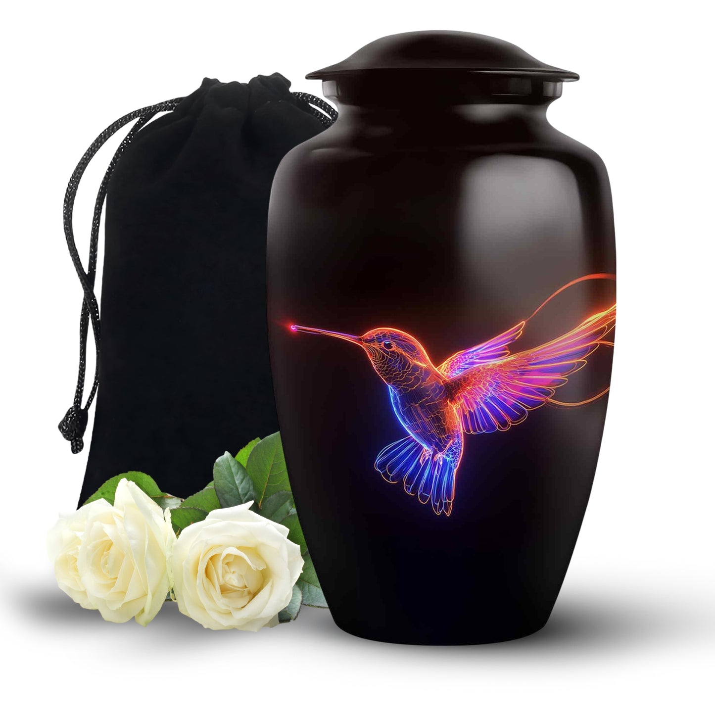 Obsidian Black Hummingbird Cremation Urn angled view of lid and engraved motif - elegant classic hummingbird relief with fine detailing - full-size 10 inch 200 cubic inch adult cremation urn