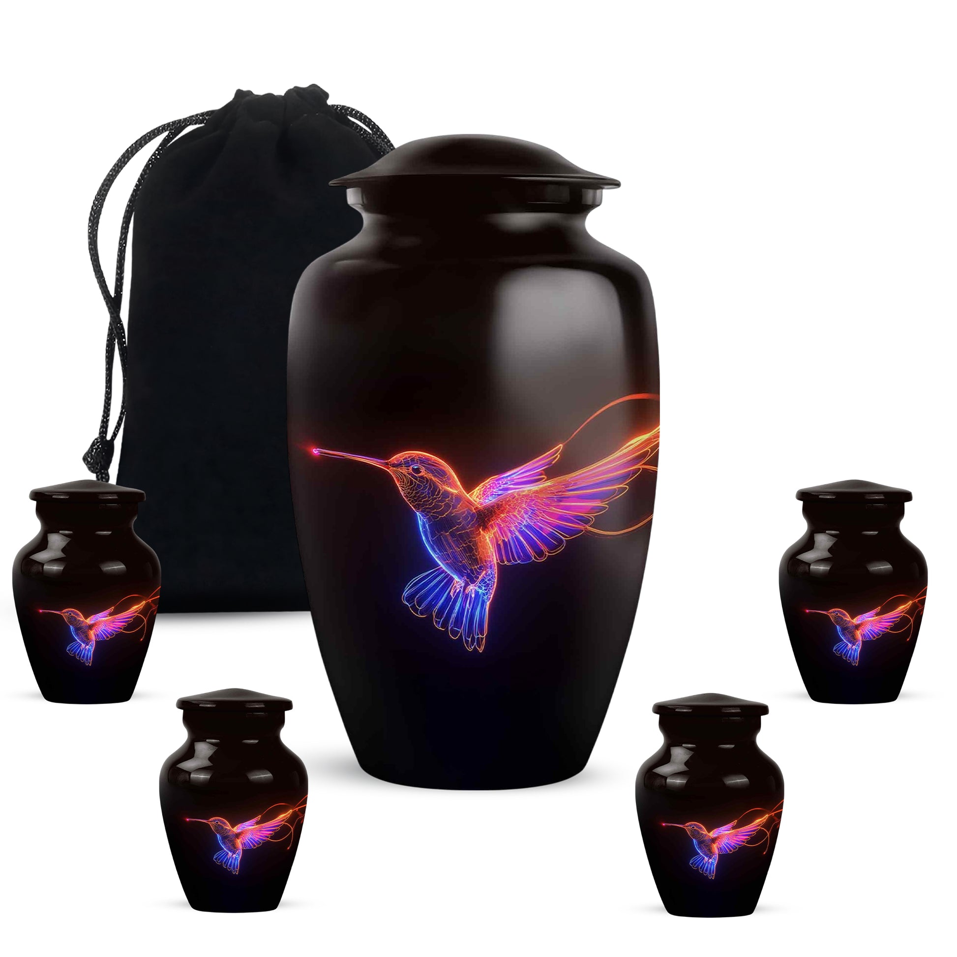 Jet Black Hummingbird Cremation Urn top-down view of secure threaded lid - timeless hummingbird motif etched into premium metal - memorial set with one large and four small urns