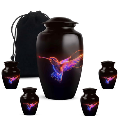 Jet Black Hummingbird Cremation Urn top-down view of secure threaded lid - timeless hummingbird motif etched into premium metal - memorial set with one large and four small urns
