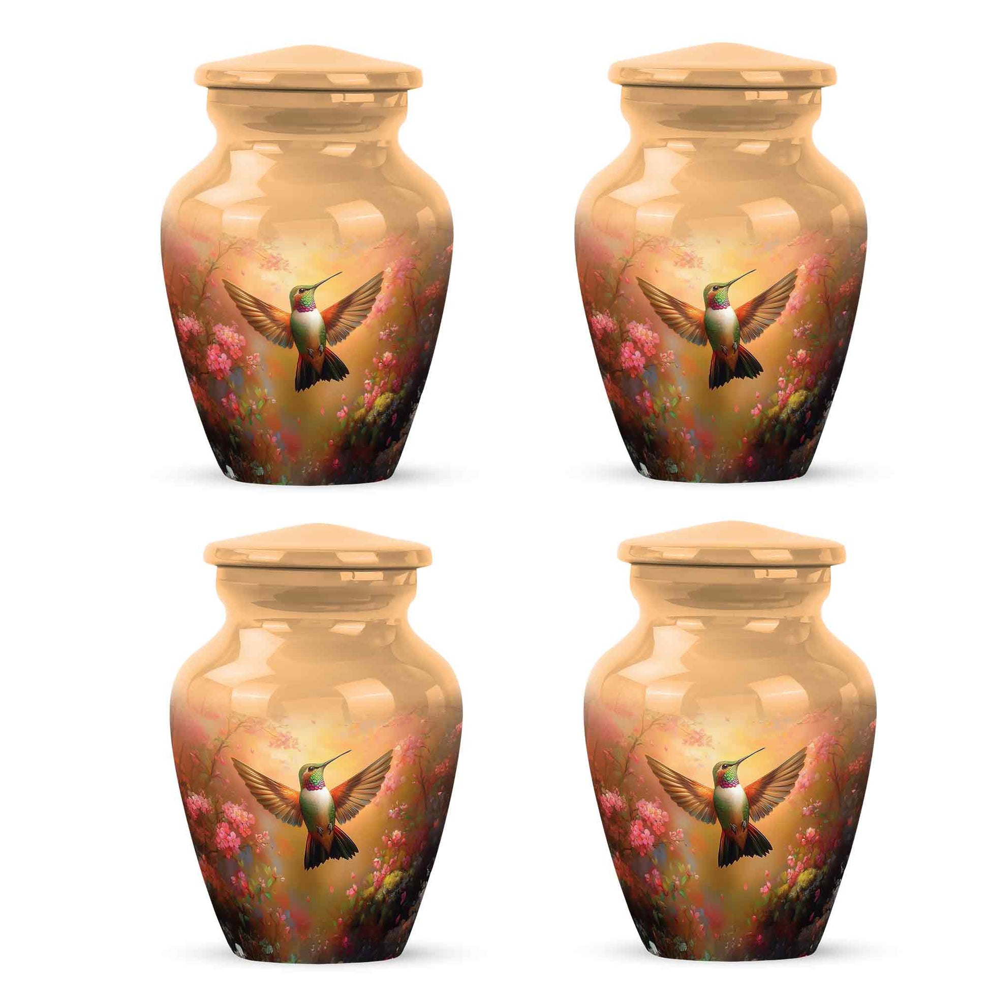 Amber Gold Hummingbird Cremation Urn side profile showing urn shape - classic sculpted hummingbird pattern on smooth aluminum - 10 inch aluminum urn for cremated remains