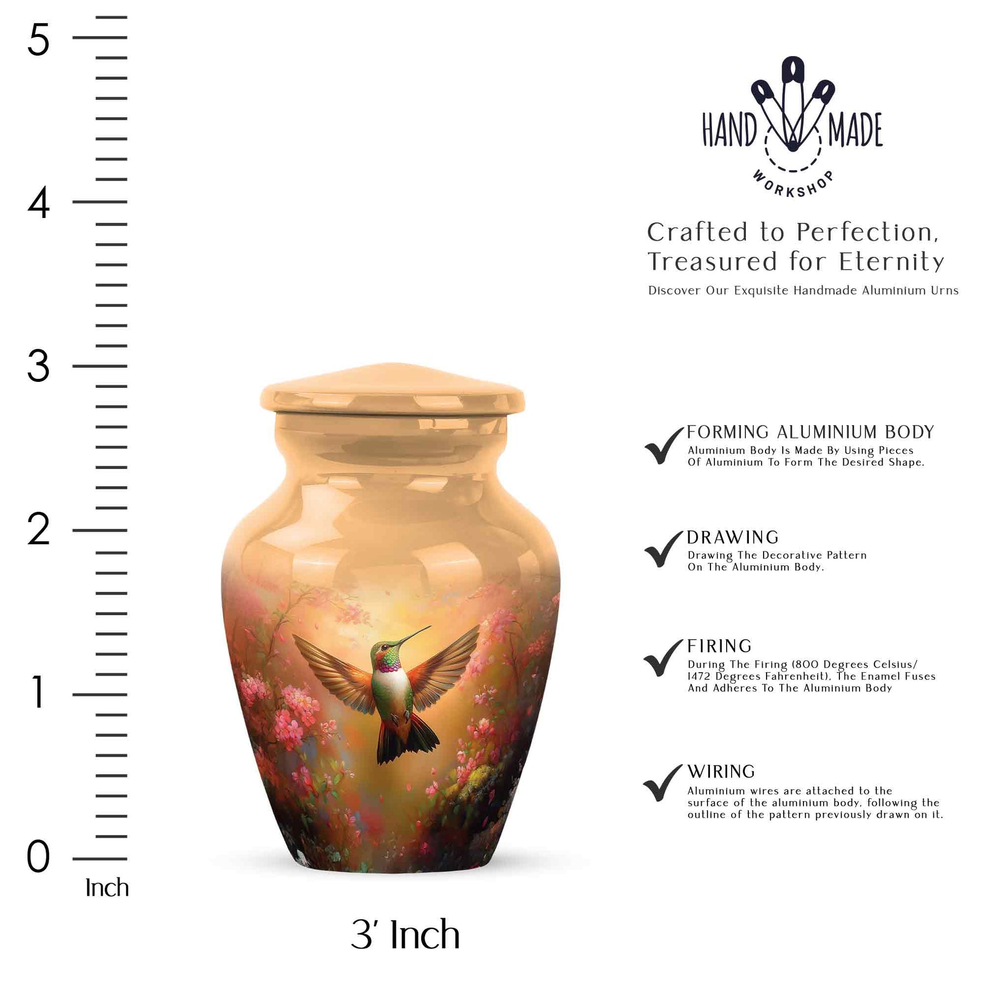 Burnished Gold Hummingbird Cremation Urn close-up of engraving and surface detail - traditional hummingbird engraving with hand-polished finish - mini keepsake memorial for portion of cremation ashes