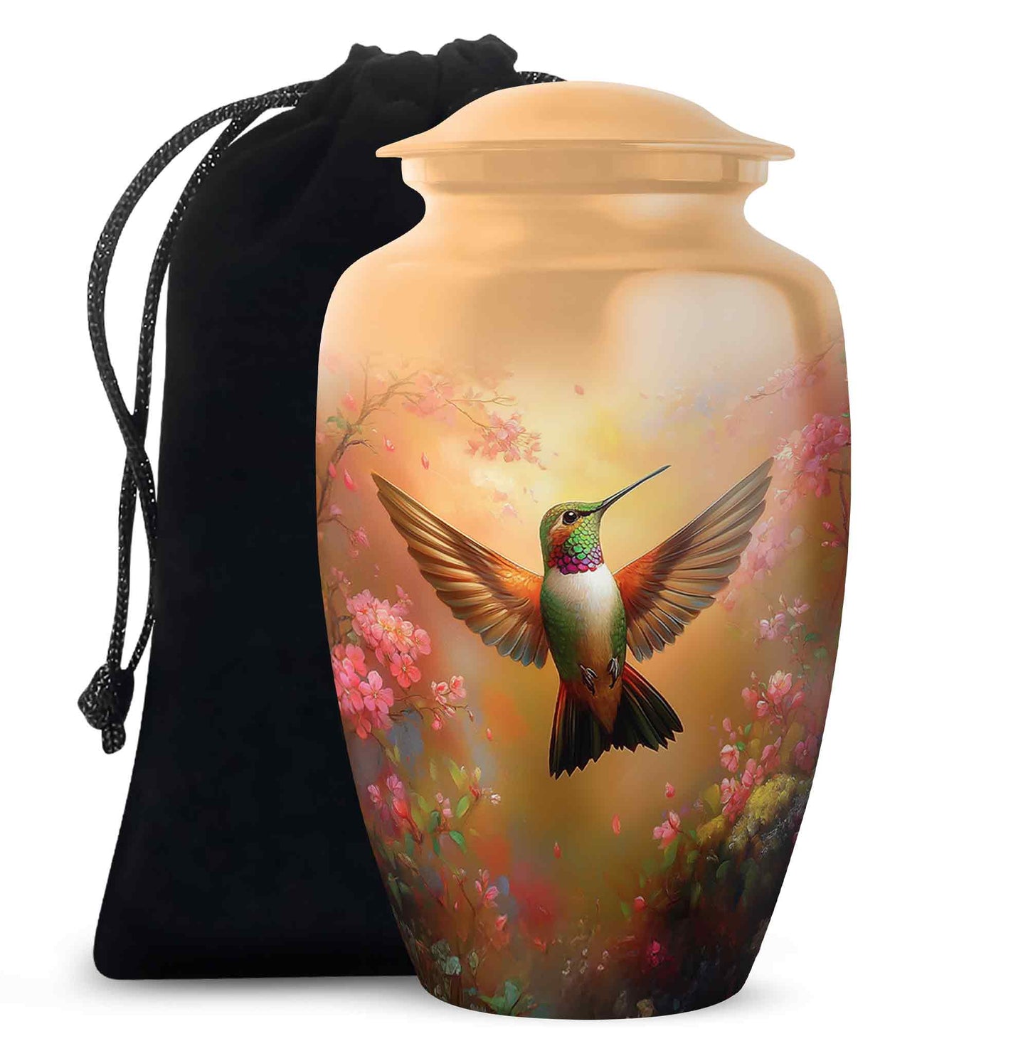 Amber Gold Hummingbird Cremation Urn angled view of lid and engraved motif - classic sculpted hummingbird pattern on smooth aluminum - full-size 10 inch 200 cubic inch adult cremation urn