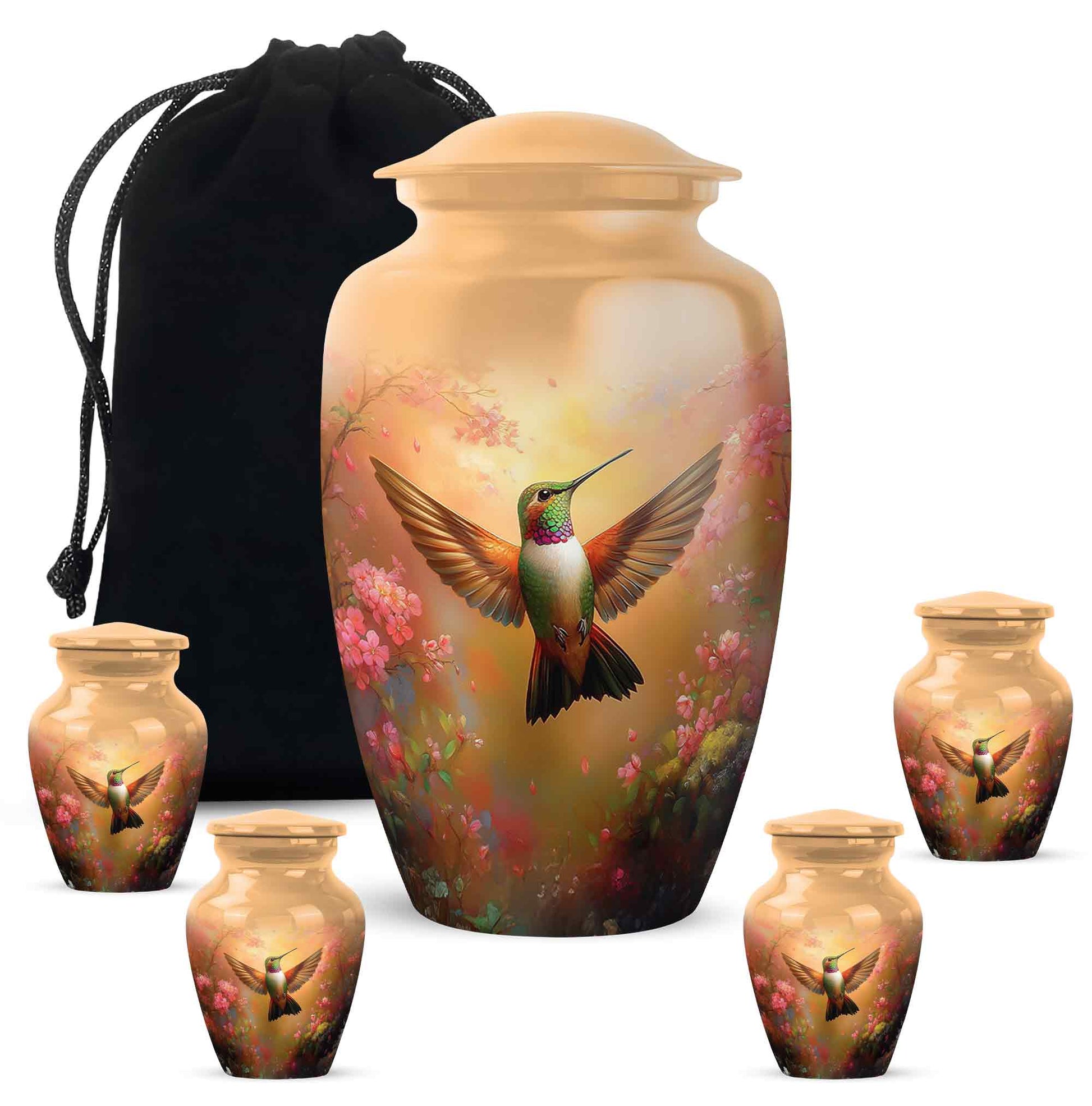 Harvest Gold Hummingbird Cremation Urn top-down view of secure threaded lid - traditional hummingbird engraving with hand-polished finish - memorial set with one large and four small urns