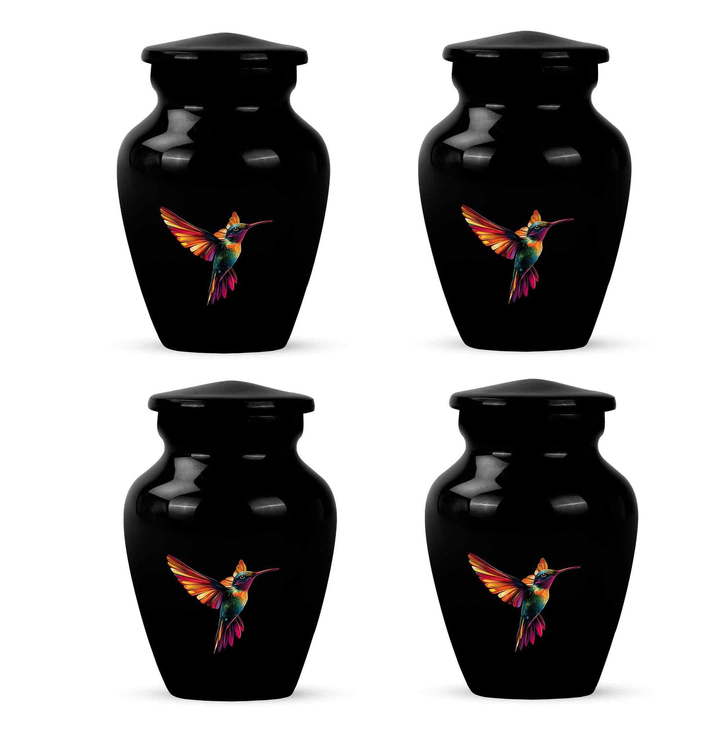 Glossy Black Hummingbird Cremation Urn side profile showing urn shape - timeless hummingbird motif etched into premium metal - 10 inch aluminum urn for cremated remains