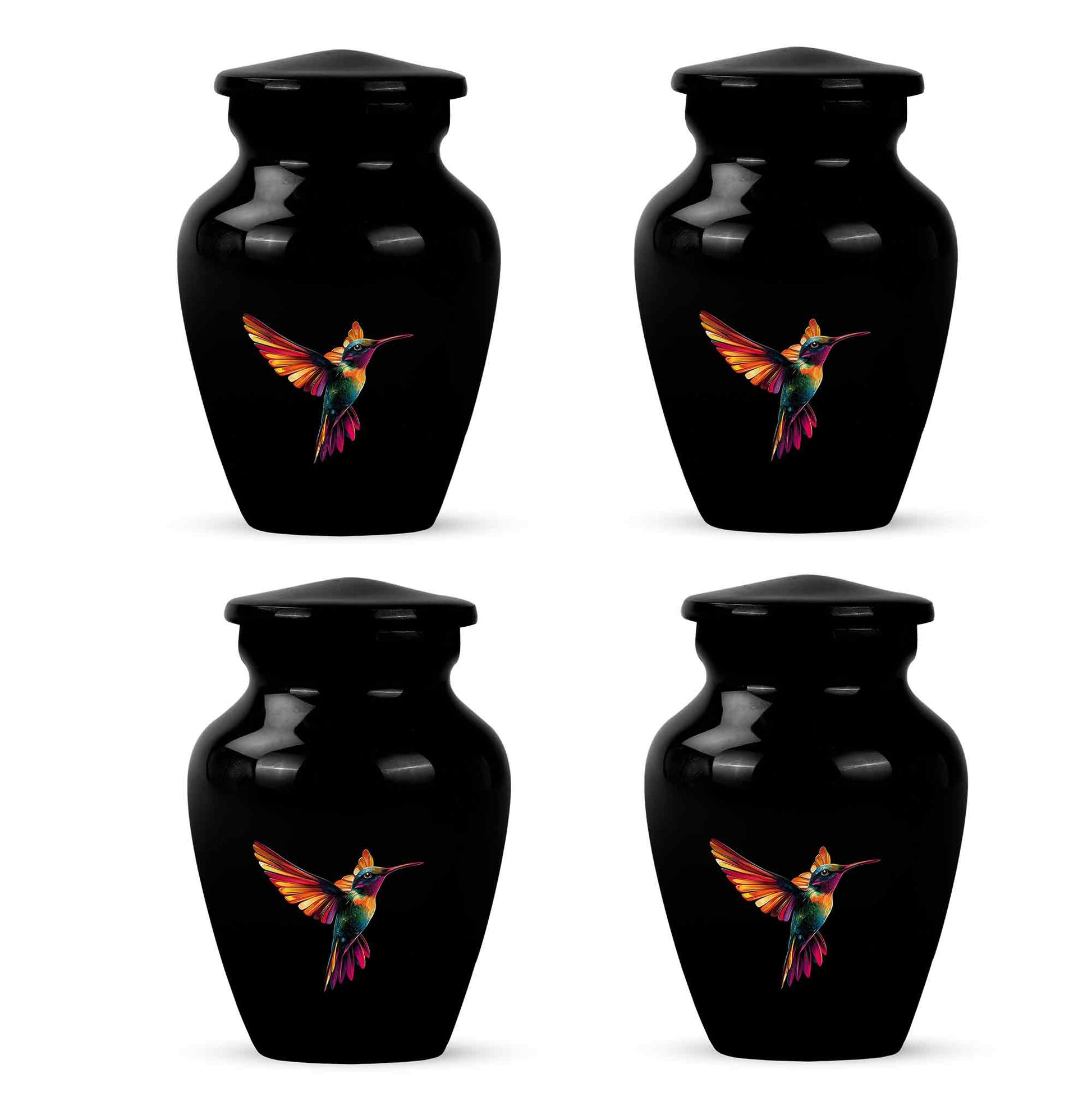 Glossy Black Hummingbird Cremation Urn side profile showing urn shape - timeless hummingbird motif etched into premium metal - 10 inch aluminum urn for cremated remains
