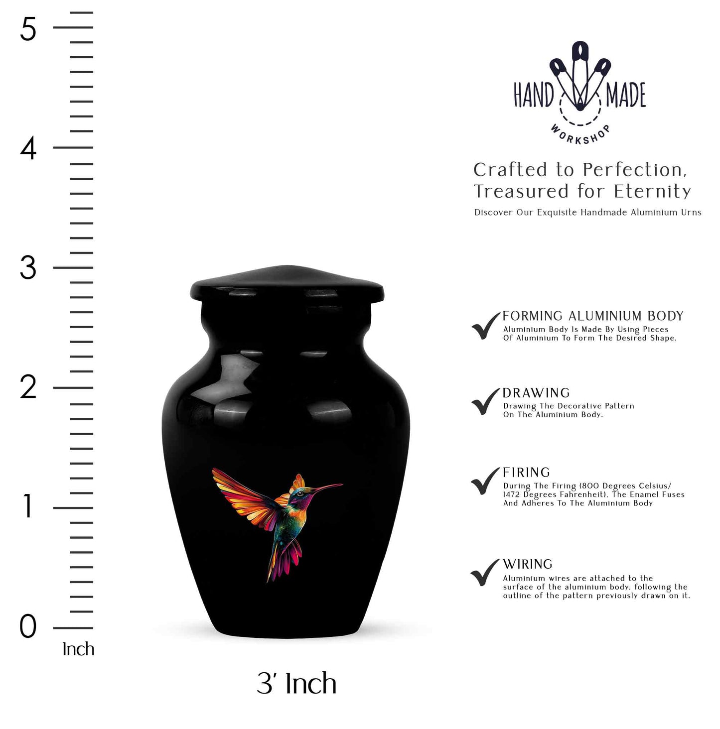 Deep Black Hummingbird Cremation Urn close-up of engraving and surface detail - classic sculpted hummingbird pattern on smooth aluminum - mini keepsake memorial for portion of cremation ashes