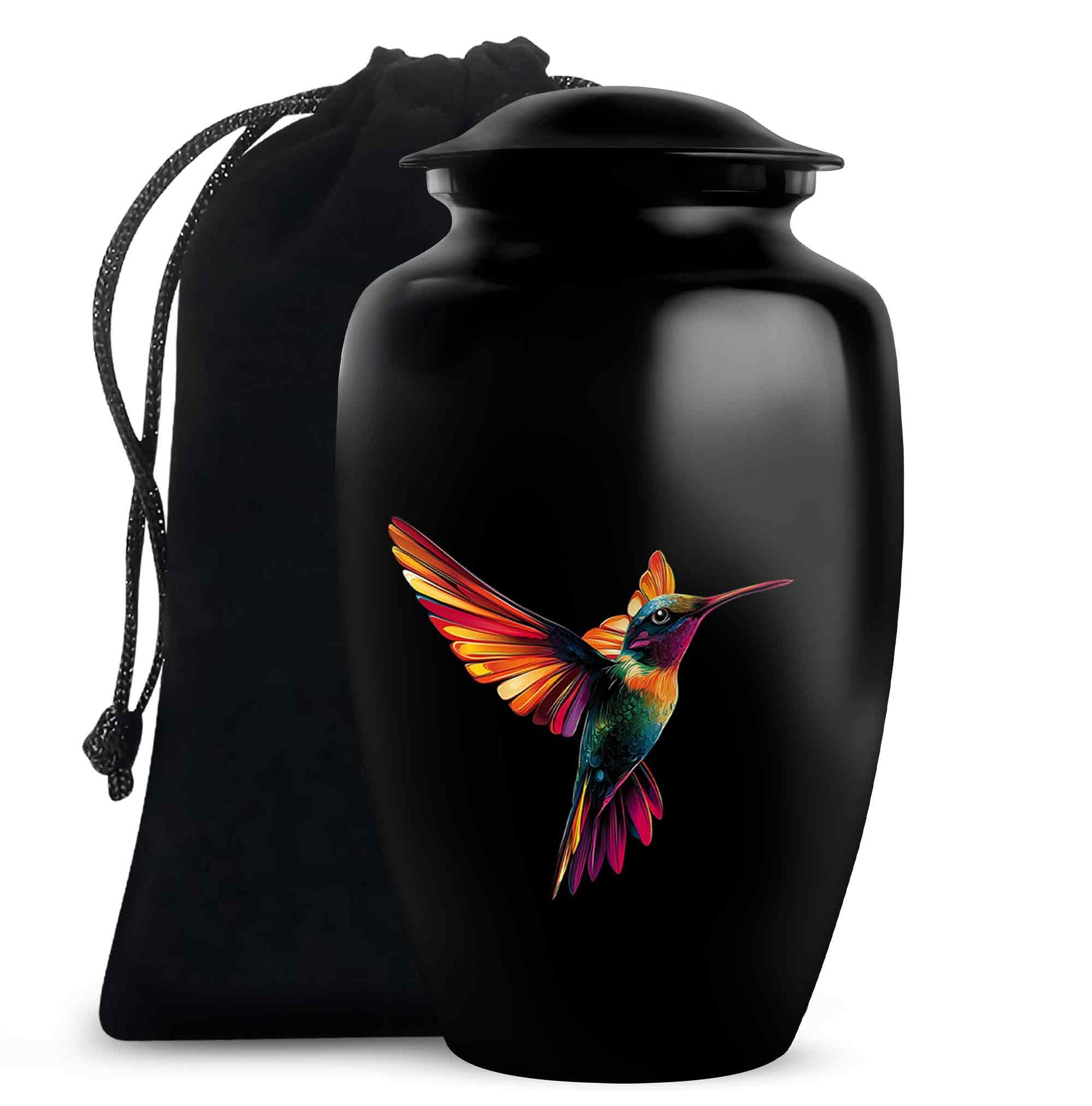 Charcoal Black Hummingbird Cremation Urn angled view of lid and engraved motif - traditional hummingbird engraving with hand-polished finish - full-size 10 inch 200 cubic inch adult cremation urn