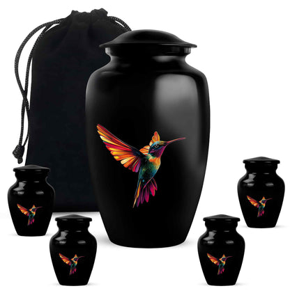 Midnight Black Hummingbird Cremation Urn top-down view of secure threaded lid - traditional hummingbird engraving with hand-polished finish - memorial set with one large and four small urns
