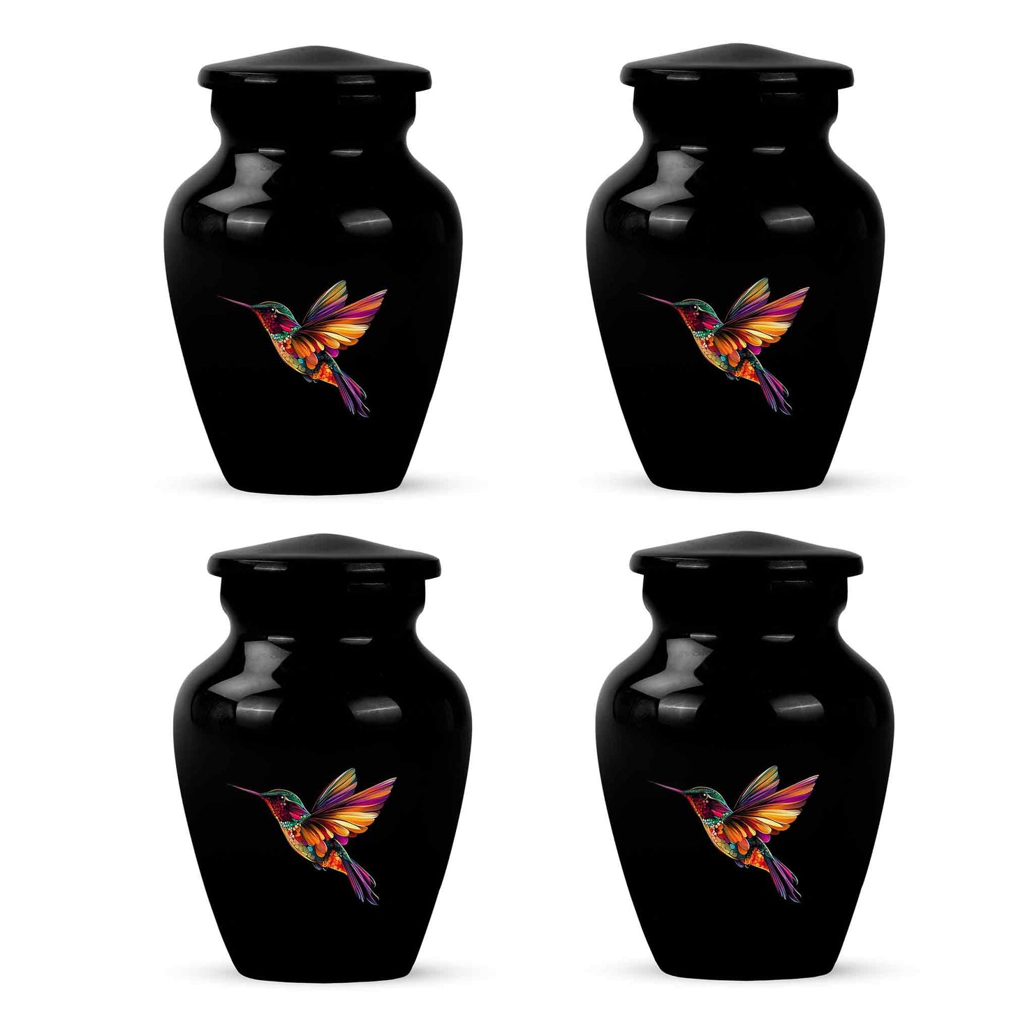 Obsidian Black Hummingbird Cremation Urn side profile showing urn shape - elegant classic hummingbird relief with fine detailing - 10 inch aluminum urn for cremated remains
