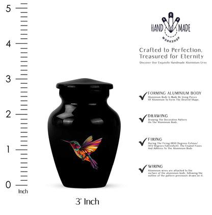 Onyx Black Hummingbird Cremation Urn close-up of engraving and surface detail - traditional hummingbird engraving with hand-polished finish - mini keepsake memorial for portion of cremation ashes