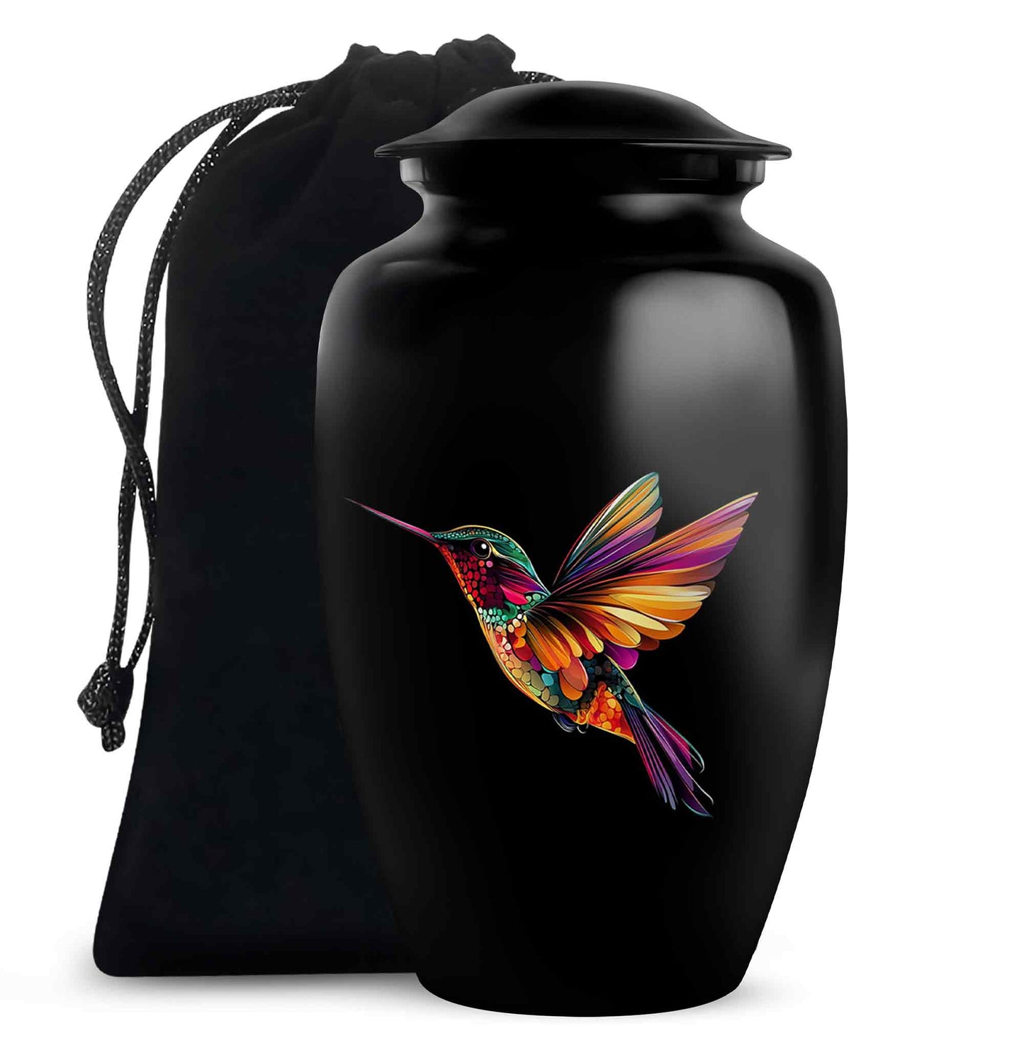 Ebony Hummingbird Cremation Urn angled view of lid and engraved motif - timeless hummingbird motif etched into premium metal - full-size 10 inch 200 cubic inch adult cremation urn