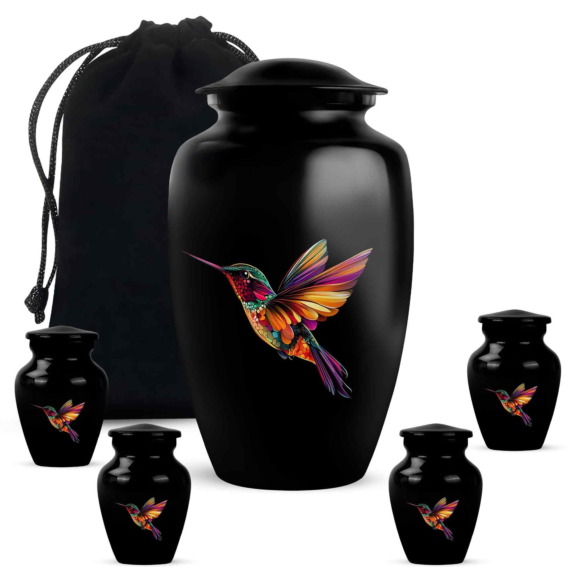 Ebony Hummingbird Cremation Urn top-down view of secure threaded lid - classic sculpted hummingbird pattern on smooth aluminum - memorial set with one large and four small urns