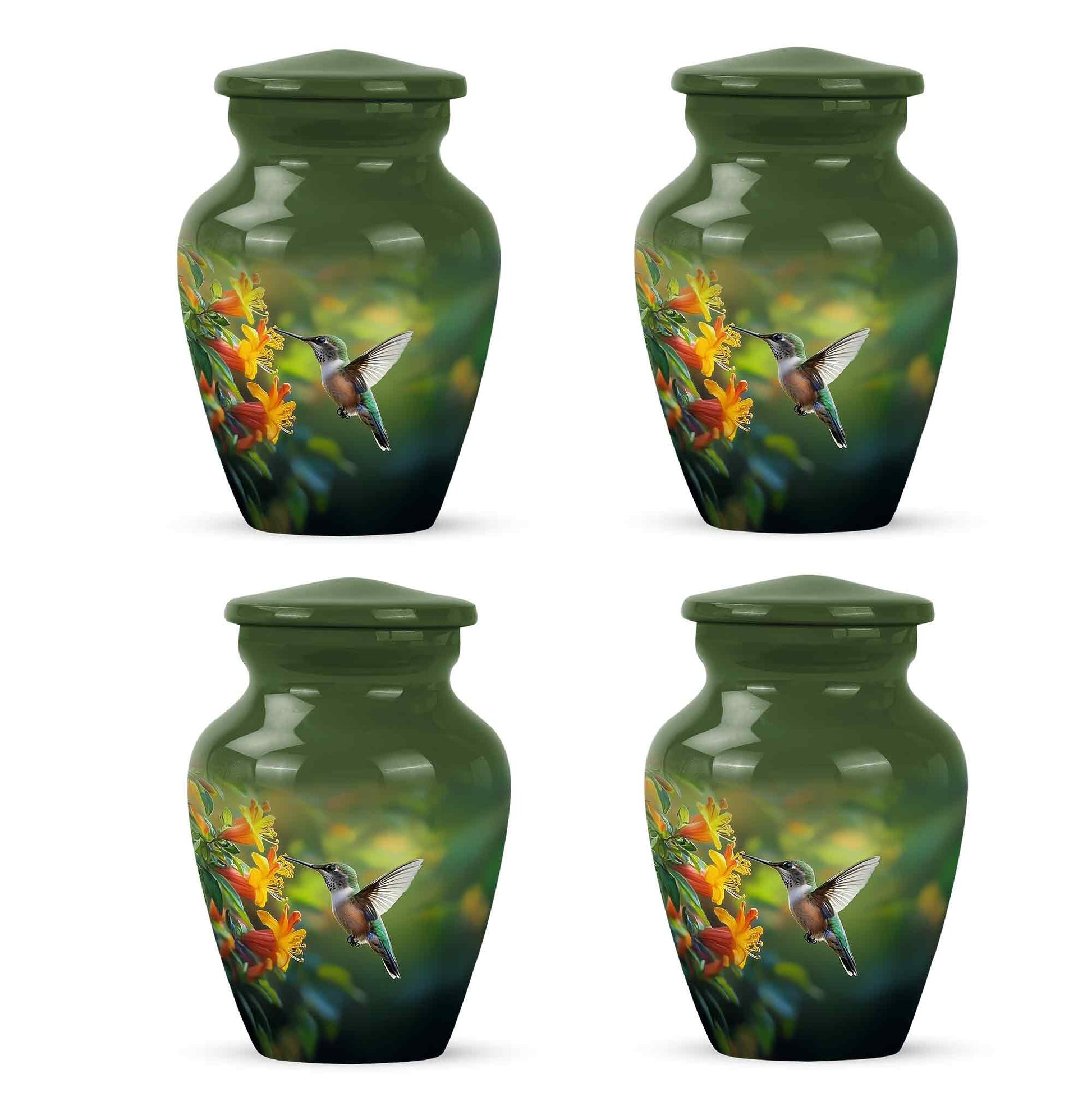 Sage Green Hummingbird Cremation Urn side profile showing urn shape - timeless hummingbird motif etched into premium metal - 10 inch aluminum urn for cremated remains