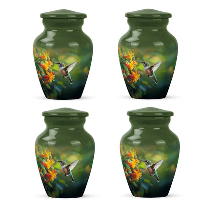 Sage Green Hummingbird Cremation Urn side profile showing urn shape - timeless hummingbird motif etched into premium metal - 10 inch aluminum urn for cremated remains