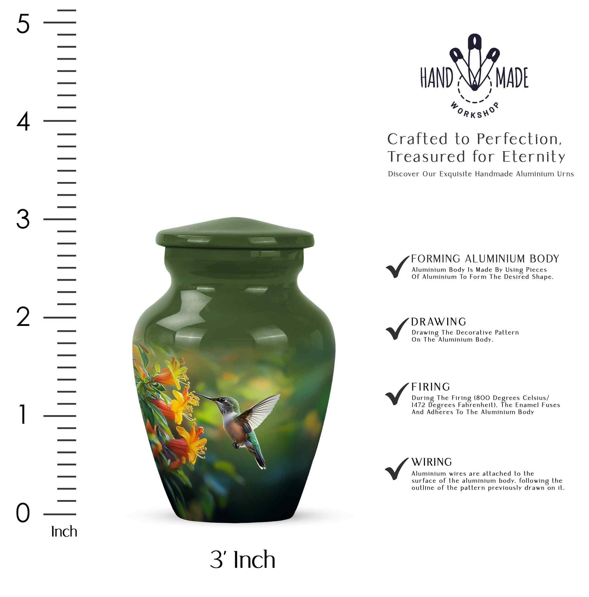 Hunter Green Hummingbird Cremation Urn close-up of engraving and surface detail - traditional hummingbird engraving with hand-polished finish - mini keepsake memorial for portion of cremation ashes
