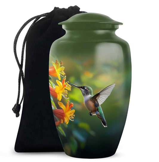 Pine Green Hummingbird Cremation Urn angled view of lid and engraved motif - traditional hummingbird engraving with hand-polished finish - full-size 10 inch 200 cubic inch adult cremation urn