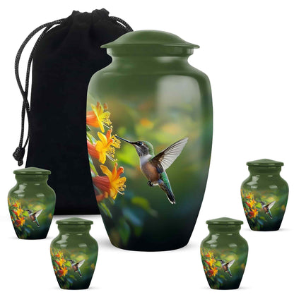 Hunter Green Hummingbird Cremation Urn top-down view of secure threaded lid - elegant classic hummingbird relief with fine detailing - memorial set with one large and four small urns