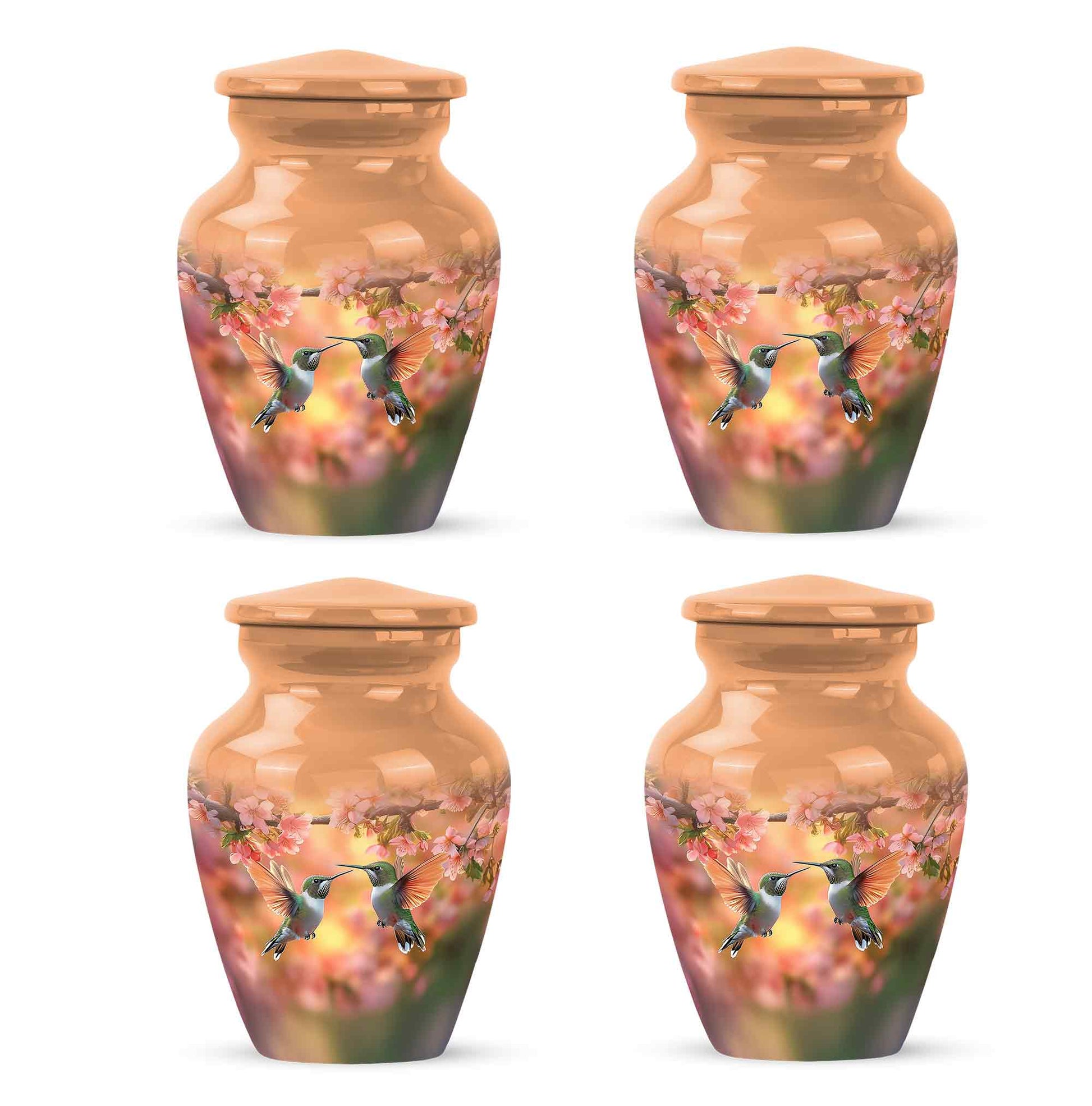 Gilded Gold Hummingbird Cremation Urn side profile showing urn shape - classic sculpted hummingbird pattern on smooth aluminum - 10 inch aluminum urn for cremated remains