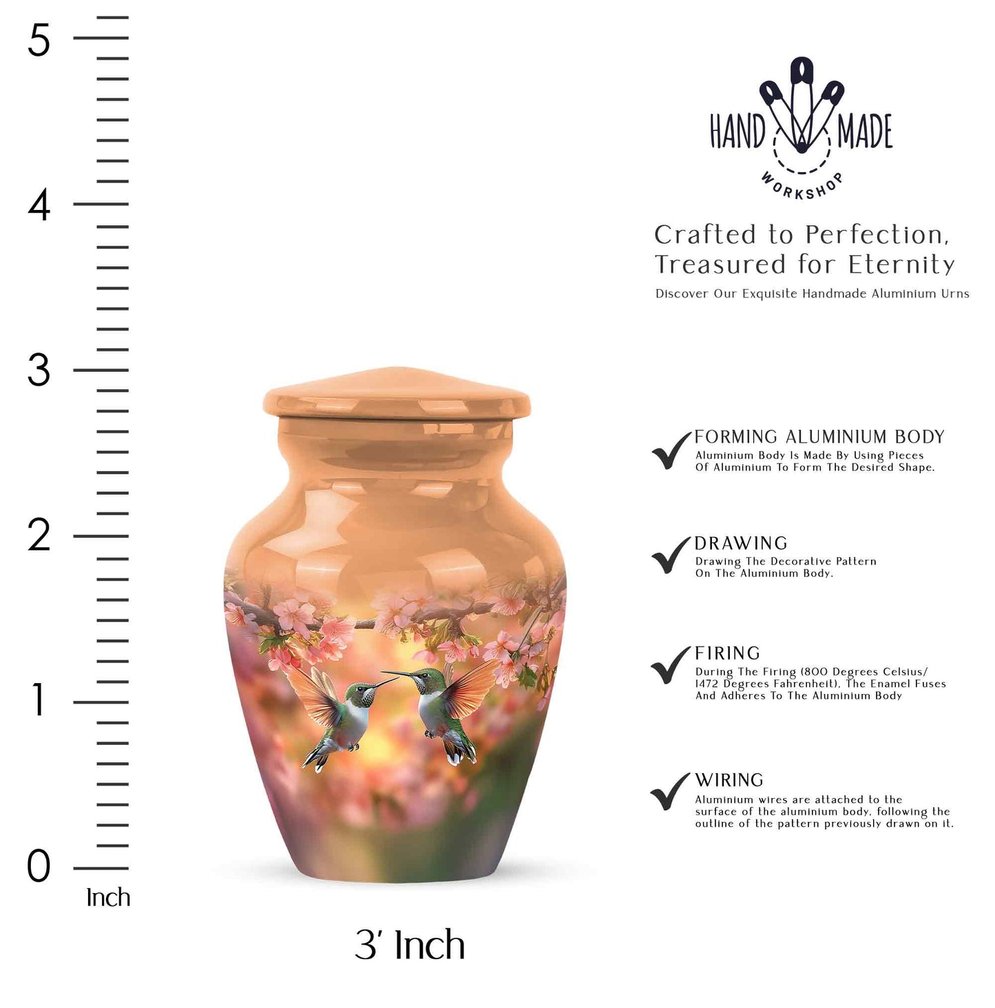 Amber Gold Hummingbird Cremation Urn close-up of engraving and surface detail - classic sculpted hummingbird pattern on smooth aluminum - mini keepsake memorial for portion of cremation ashes