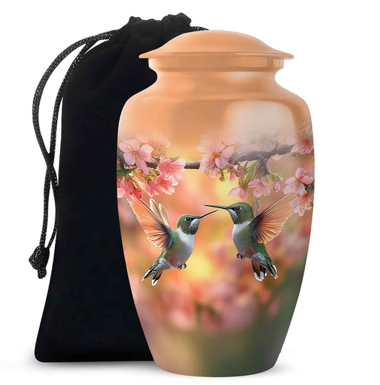 Antique Gold Hummingbird Cremation Urn angled view of lid and engraved motif - timeless hummingbird motif etched into premium metal - full-size 10 inch 200 cubic inch adult cremation urn