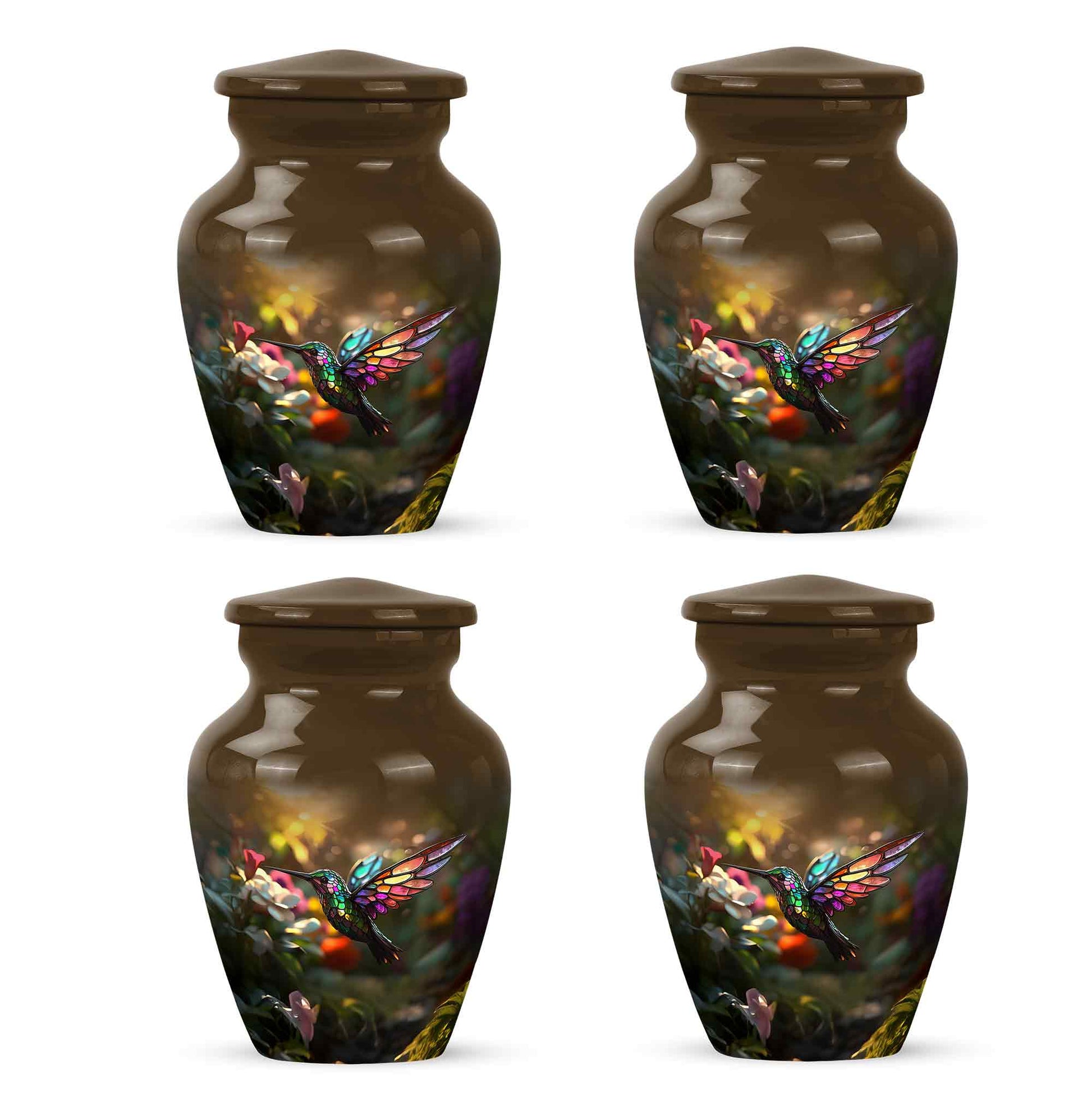 Burnished Gold Hummingbird Cremation Urn side profile showing urn shape - elegant classic hummingbird relief with fine detailing - 10 inch aluminum urn for cremated remains