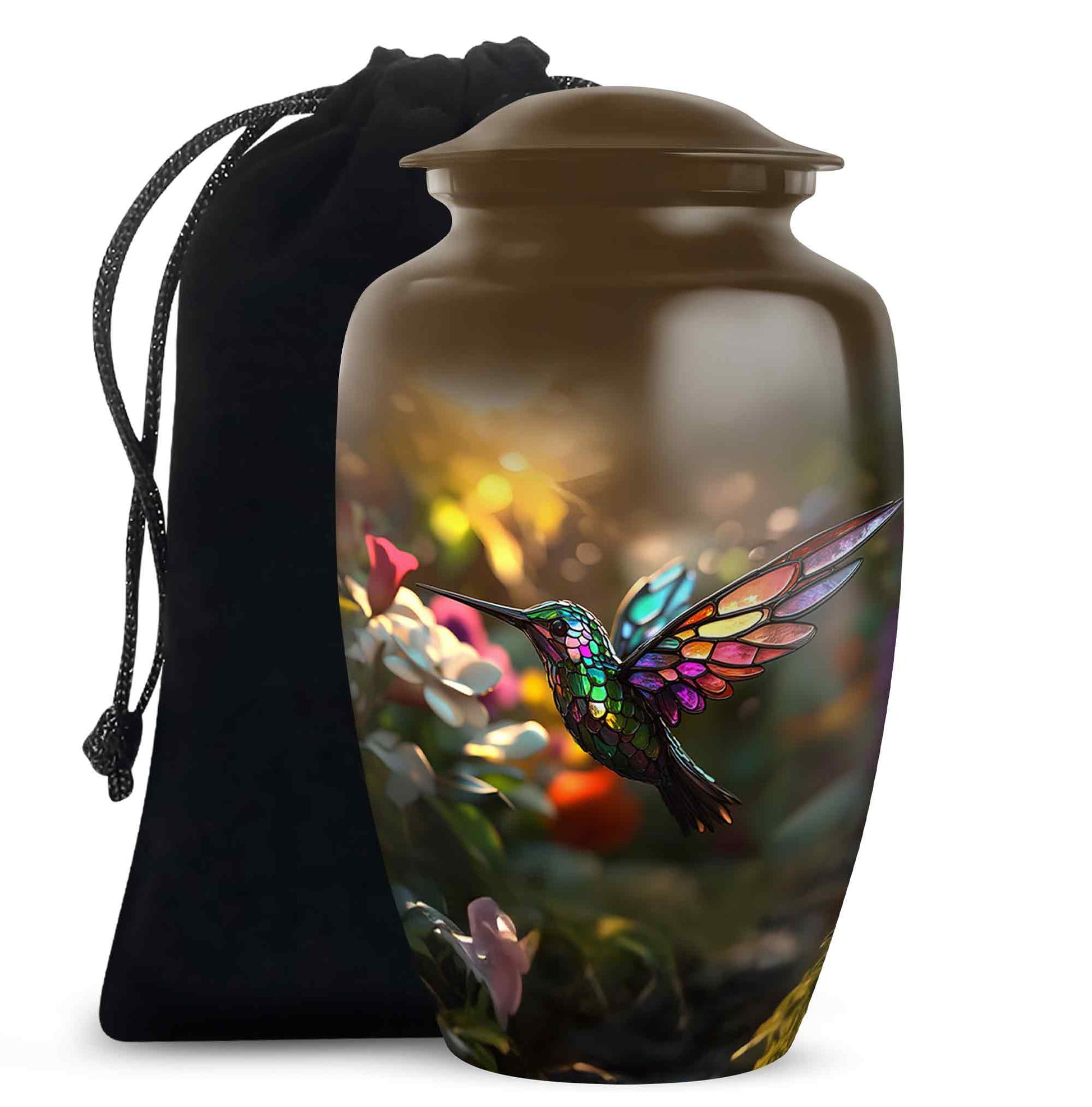 Royal Gold Hummingbird Cremation Urn angled view of lid and engraved motif - traditional hummingbird engraving with hand-polished finish - full-size 10 inch 200 cubic inch adult cremation urn