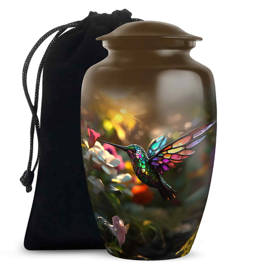 Royal Gold Hummingbird Cremation Urn angled view of lid and engraved motif - traditional hummingbird engraving with hand-polished finish - full-size 10 inch 200 cubic inch adult cremation urn