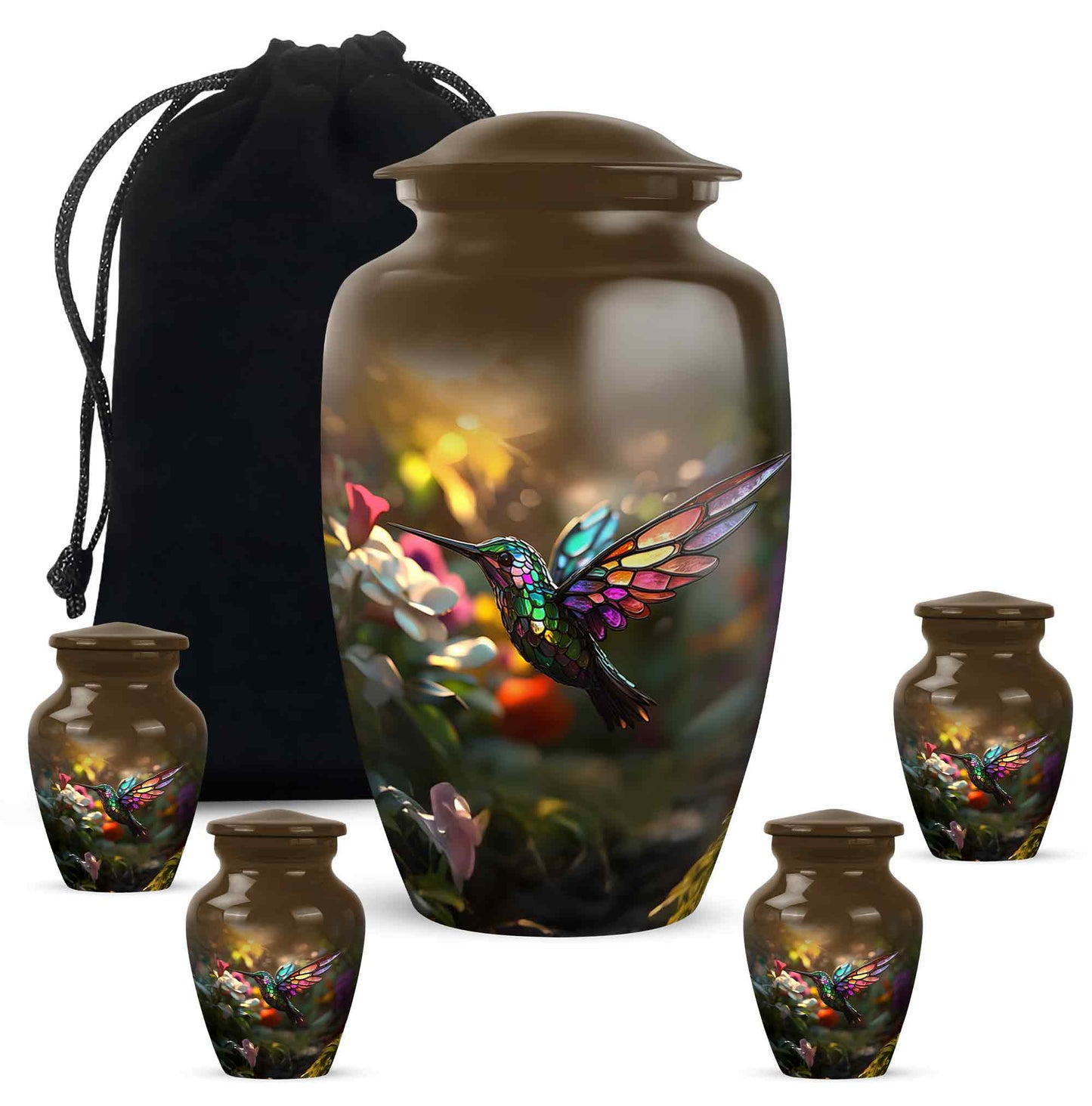 Champagne Gold Hummingbird Cremation Urn top-down view of secure threaded lid - timeless hummingbird motif etched into premium metal - memorial set with one large and four small urns