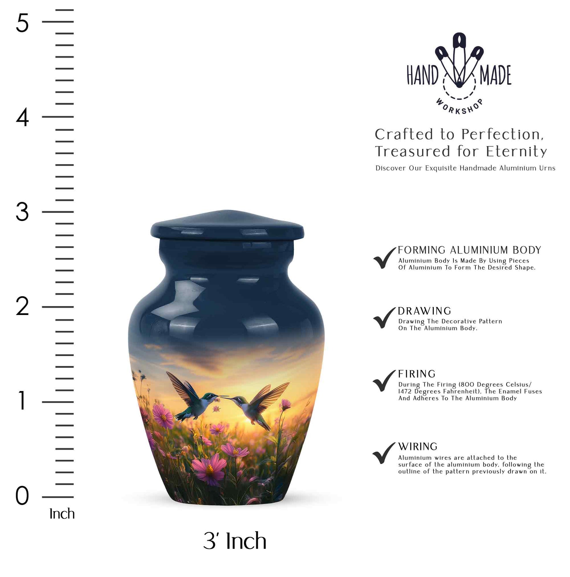 Steel Blue Hummingbird Cremation Urn close-up of engraving and surface detail - elegant classic hummingbird relief with fine detailing - mini keepsake memorial for portion of cremation ashes