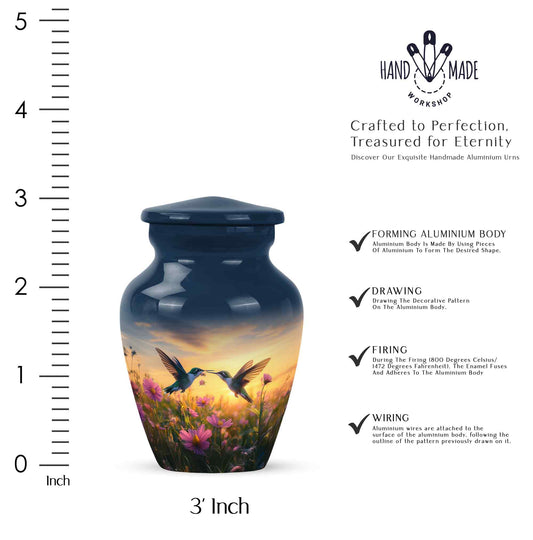 Steel Blue Hummingbird Cremation Urn close-up of engraving and surface detail - elegant classic hummingbird relief with fine detailing - mini keepsake memorial for portion of cremation ashes