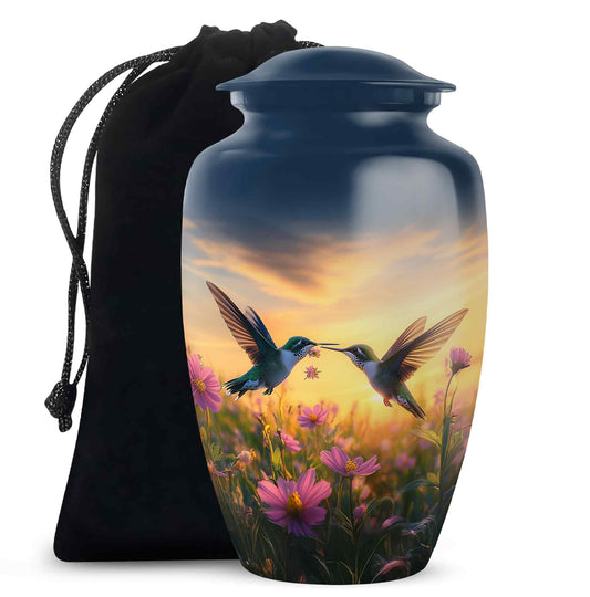 Pastel Blue Hummingbird Cremation Urn angled view of lid and engraved motif - classic sculpted hummingbird pattern on smooth aluminum - full-size 10 inch 200 cubic inch adult cremation urn