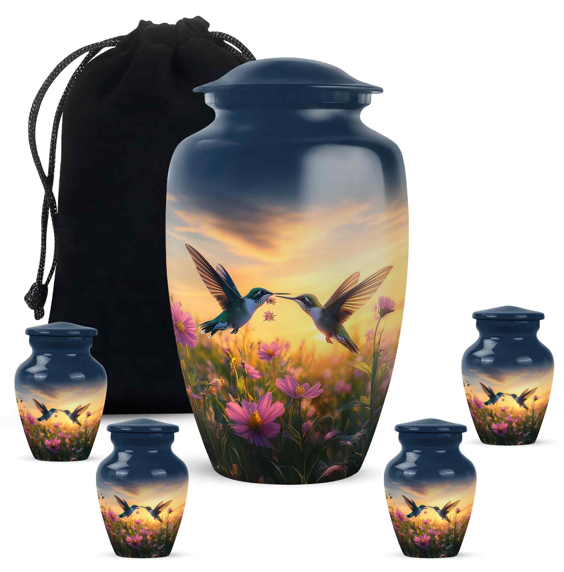 Cobalt Blue Hummingbird Cremation Urn top-down view of secure threaded lid - traditional hummingbird engraving with hand-polished finish - memorial set with one large and four small urns