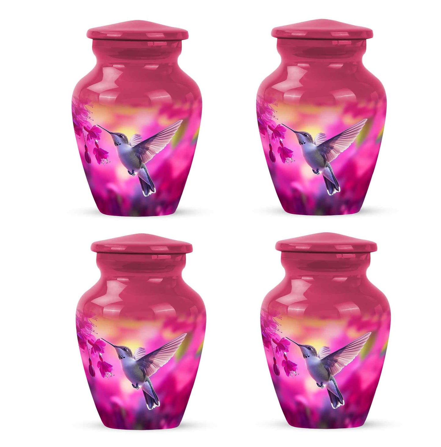 Blush Pink Hummingbird Cremation Urn side profile showing urn shape - classic sculpted hummingbird pattern on smooth aluminum - 10 inch aluminum urn for cremated remains