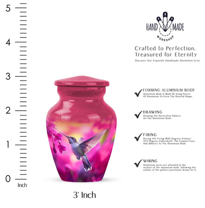 Peony Pink Hummingbird Cremation Urn close-up of engraving and surface detail - timeless hummingbird motif etched into premium metal - mini keepsake memorial for portion of cremation ashes