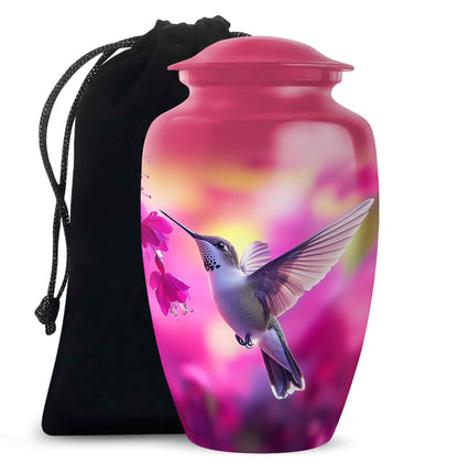 Blush Pink Hummingbird Cremation Urn angled view of lid and engraved motif - classic sculpted hummingbird pattern on smooth aluminum - full-size 10 inch 200 cubic inch adult cremation urn