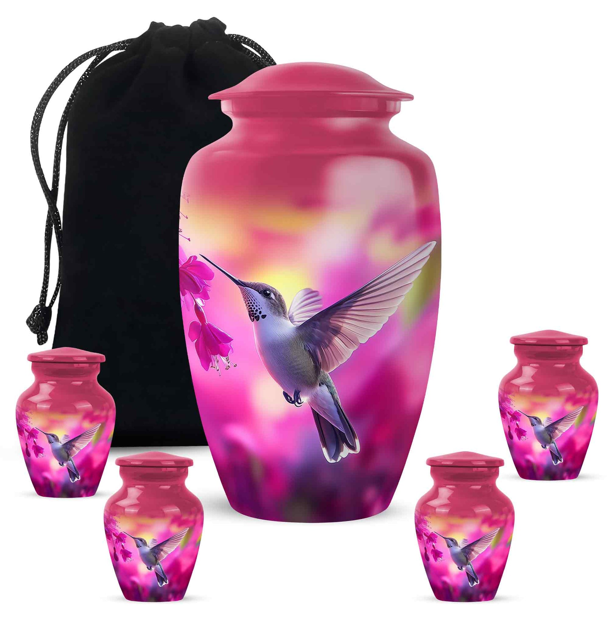 Petal Pink Hummingbird Cremation Urn top-down view of secure threaded lid - elegant classic hummingbird relief with fine detailing - memorial set with one large and four small urns