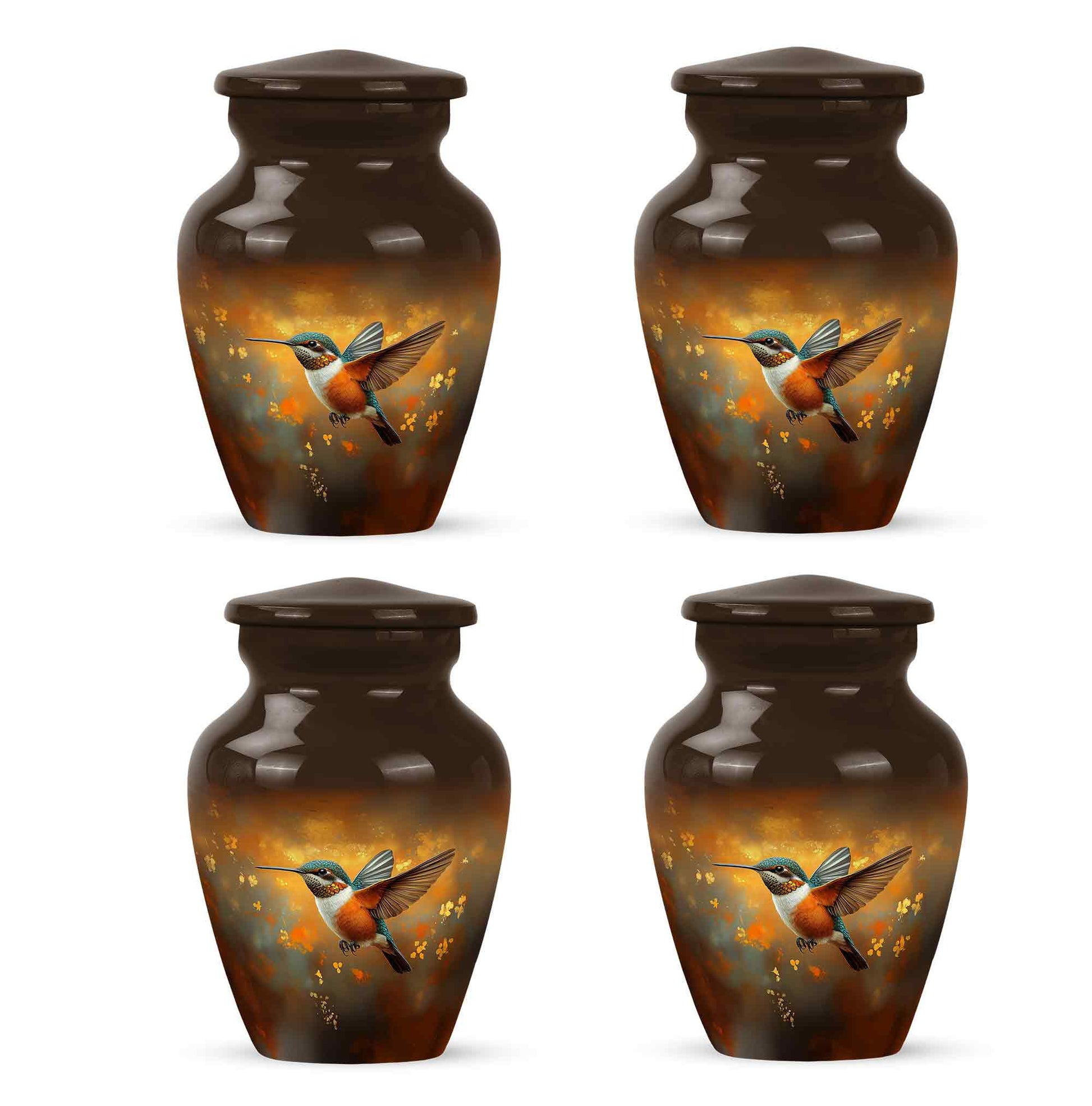 Matte Gold Hummingbird Cremation Urn side profile showing urn shape - traditional hummingbird engraving with hand-polished finish - 10 inch aluminum urn for cremated remains
