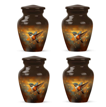 Matte Gold Hummingbird Cremation Urn side profile showing urn shape - traditional hummingbird engraving with hand-polished finish - 10 inch aluminum urn for cremated remains