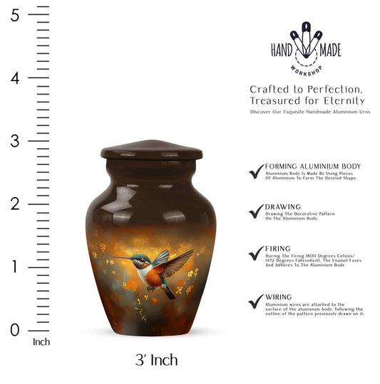 Harvest Gold Hummingbird Cremation Urn close-up of engraving and surface detail - elegant classic hummingbird relief with fine detailing - mini keepsake memorial for portion of cremation ashes