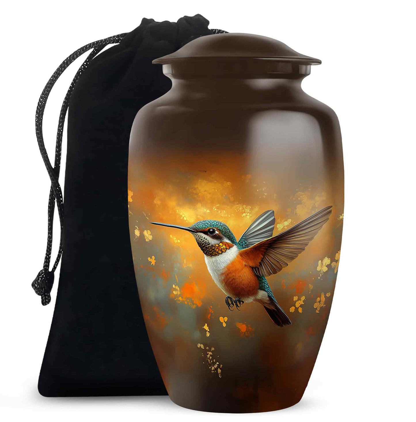Champagne Gold Hummingbird Cremation Urn angled view of lid and engraved motif - timeless hummingbird motif etched into premium metal - full-size 10 inch 200 cubic inch adult cremation urn