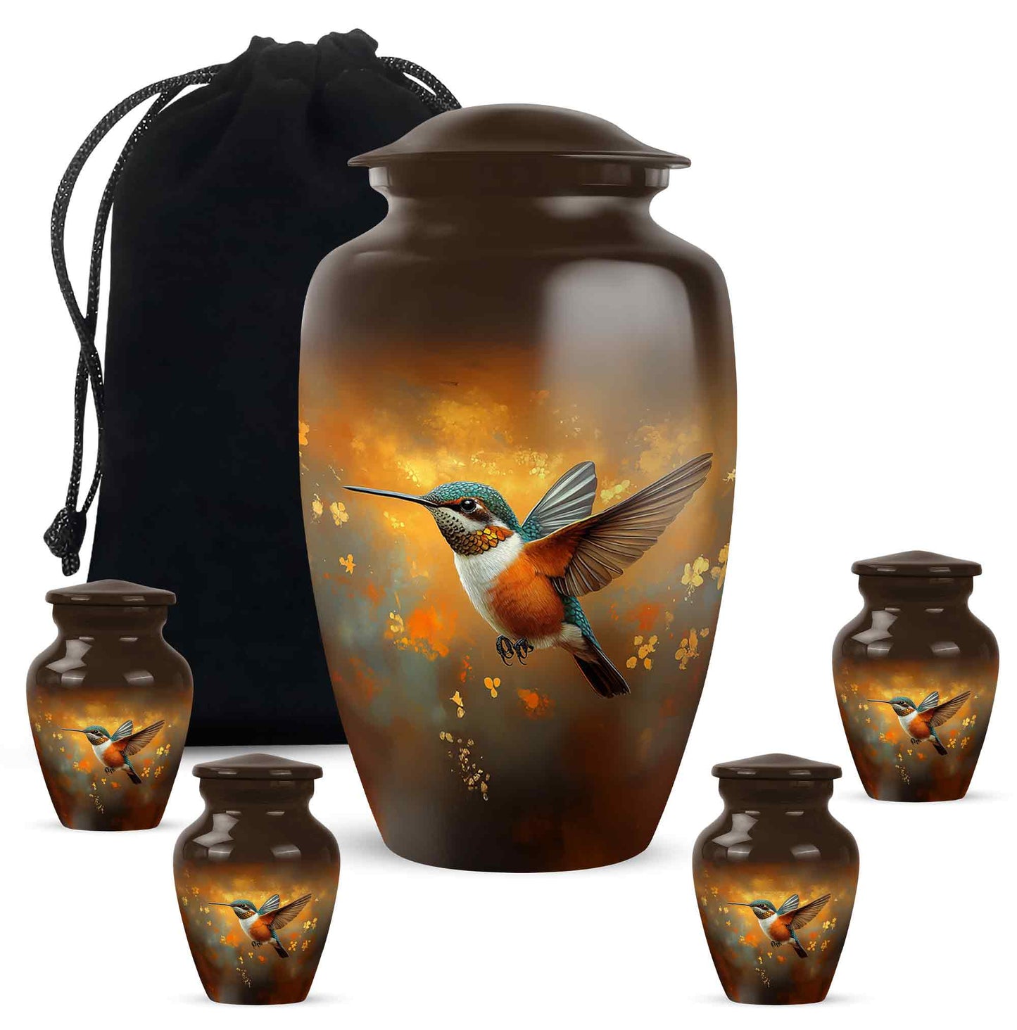 Champagne Gold Hummingbird Cremation Urn top-down view of secure threaded lid - classic sculpted hummingbird pattern on smooth aluminum - memorial set with one large and four small urns