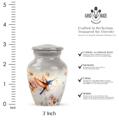 Silver Gray Hummingbird Cremation Urn close-up of engraving and surface detail - timeless hummingbird motif etched into premium metal - mini keepsake memorial for portion of cremation ashes