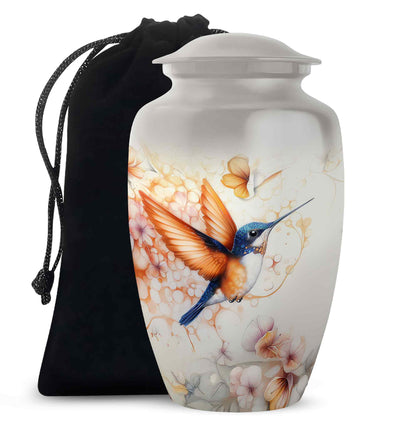 Pewter Gray Hummingbird Cremation Urn angled view of lid and engraved motif - timeless hummingbird motif etched into premium metal - full-size 10 inch 200 cubic inch adult cremation urn
