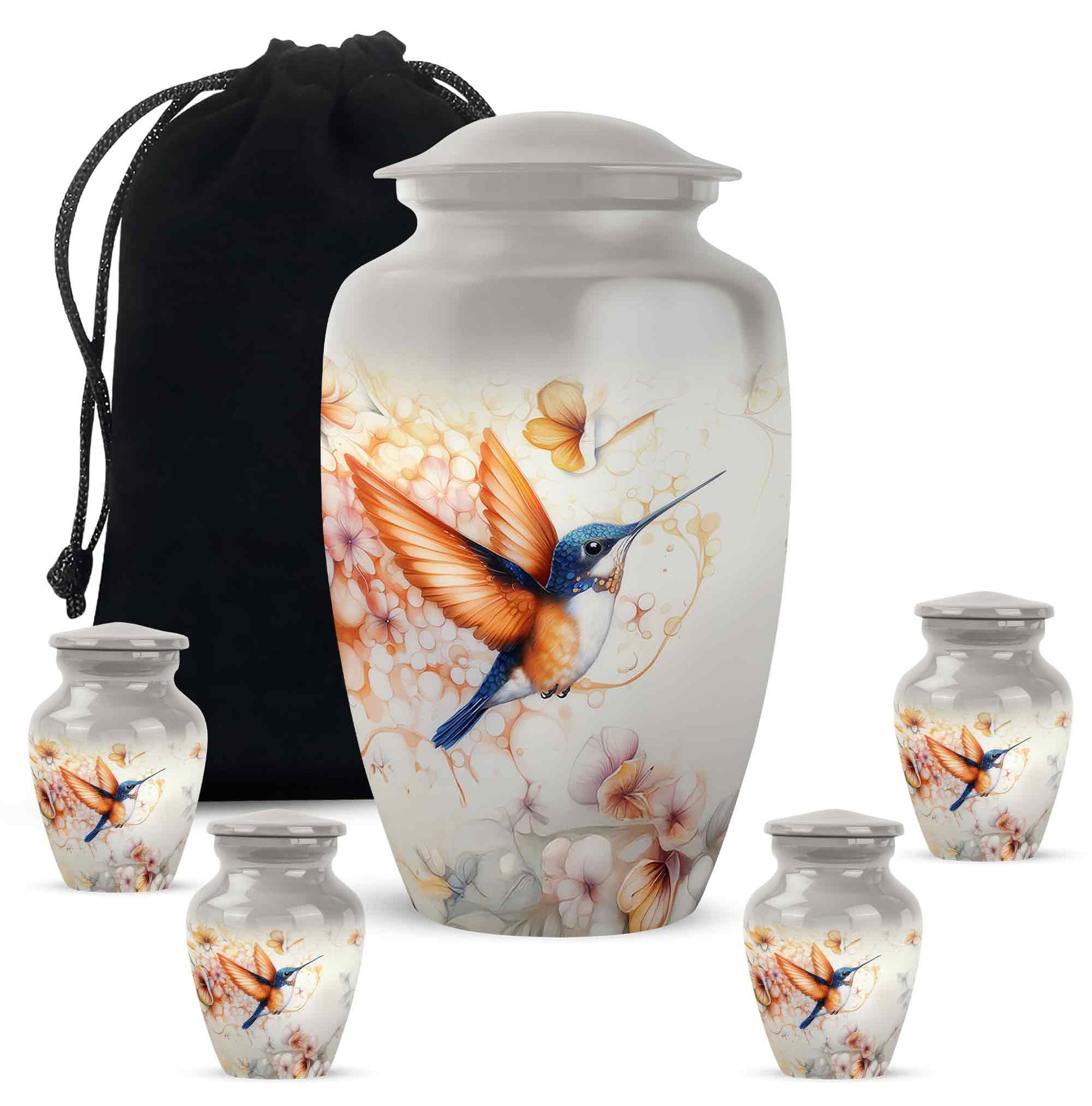 Smoke Gray Hummingbird Cremation Urn top-down view of secure threaded lid - elegant classic hummingbird relief with fine detailing - memorial set with one large and four small urns