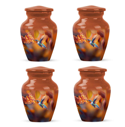 Gilded Gold Hummingbird Cremation Urn side profile showing urn shape - timeless hummingbird motif etched into premium metal - 10 inch aluminum urn for cremated remains