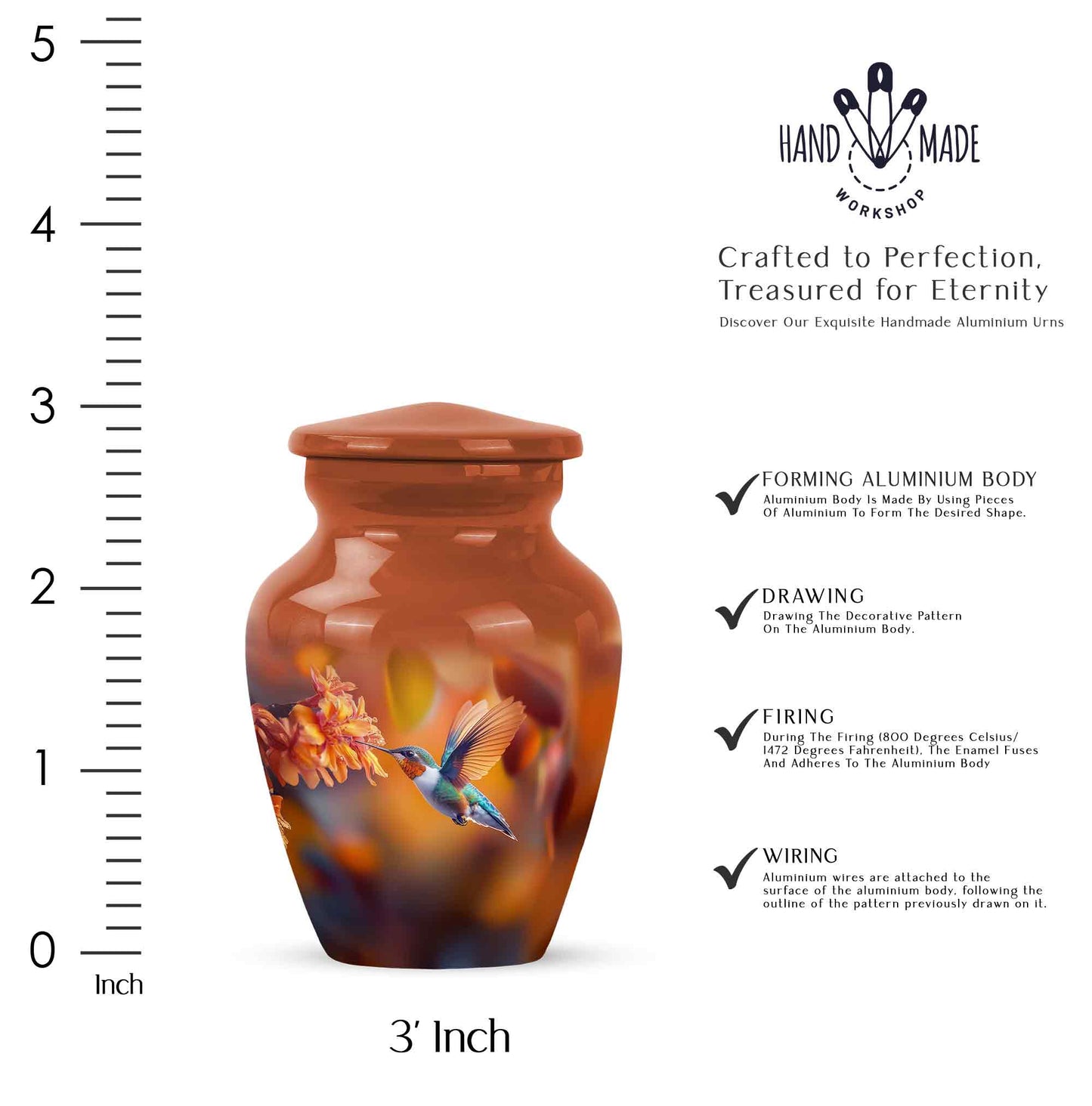 Harvest Gold Hummingbird Cremation Urn close-up of engraving and surface detail - traditional hummingbird engraving with hand-polished finish - mini keepsake memorial for portion of cremation ashes