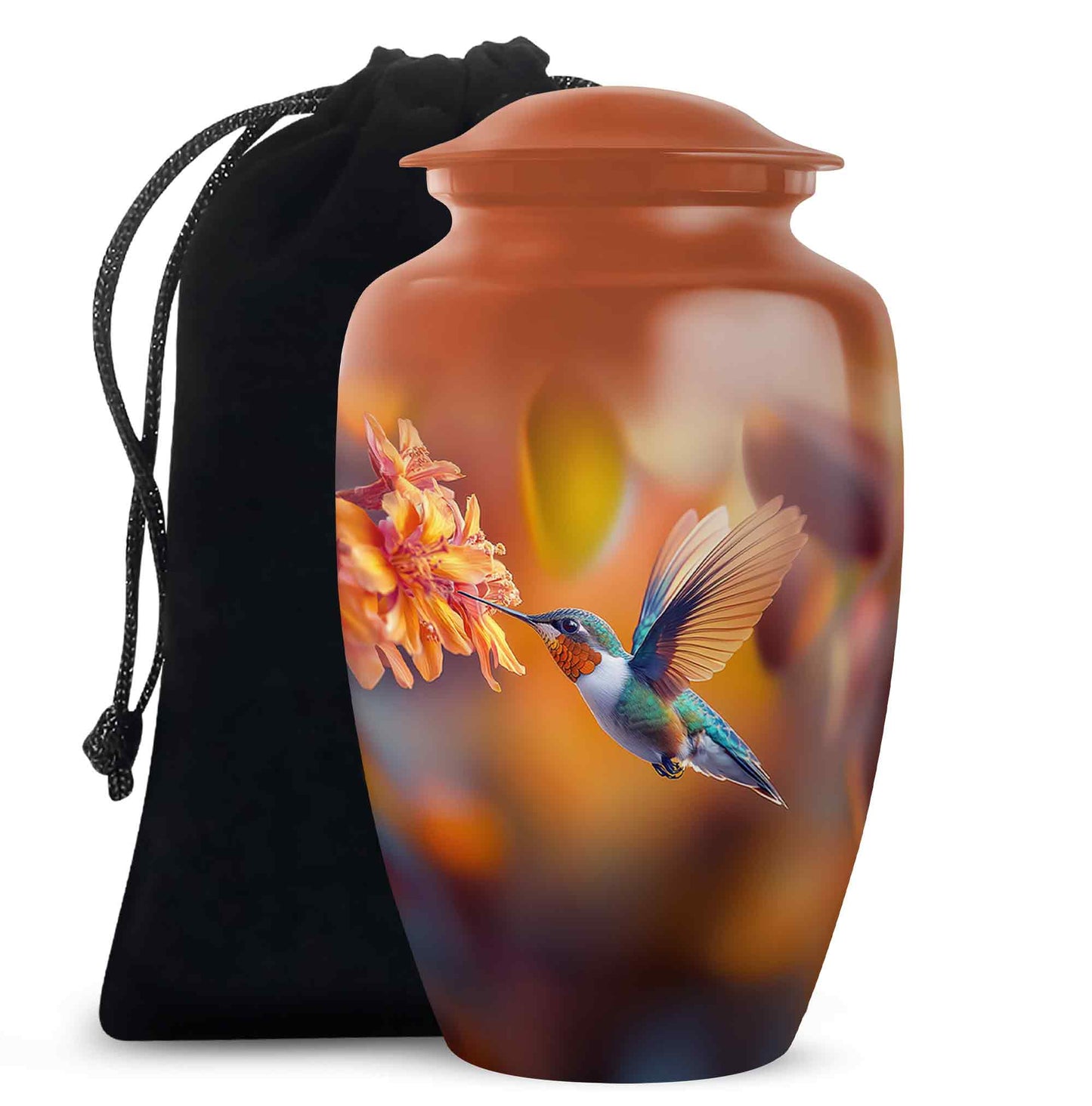Matte Gold Hummingbird Cremation Urn angled view of lid and engraved motif - traditional hummingbird engraving with hand-polished finish - full-size 10 inch 200 cubic inch adult cremation urn